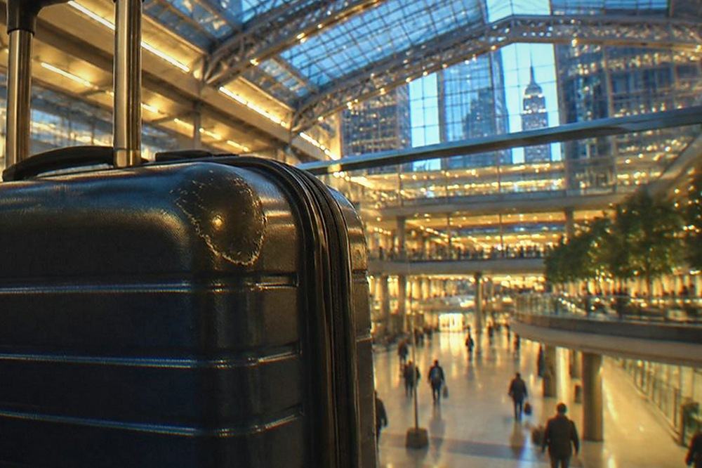 Evening view of a train hall atrium with the glass roof lit from inside and a quiet concourse below