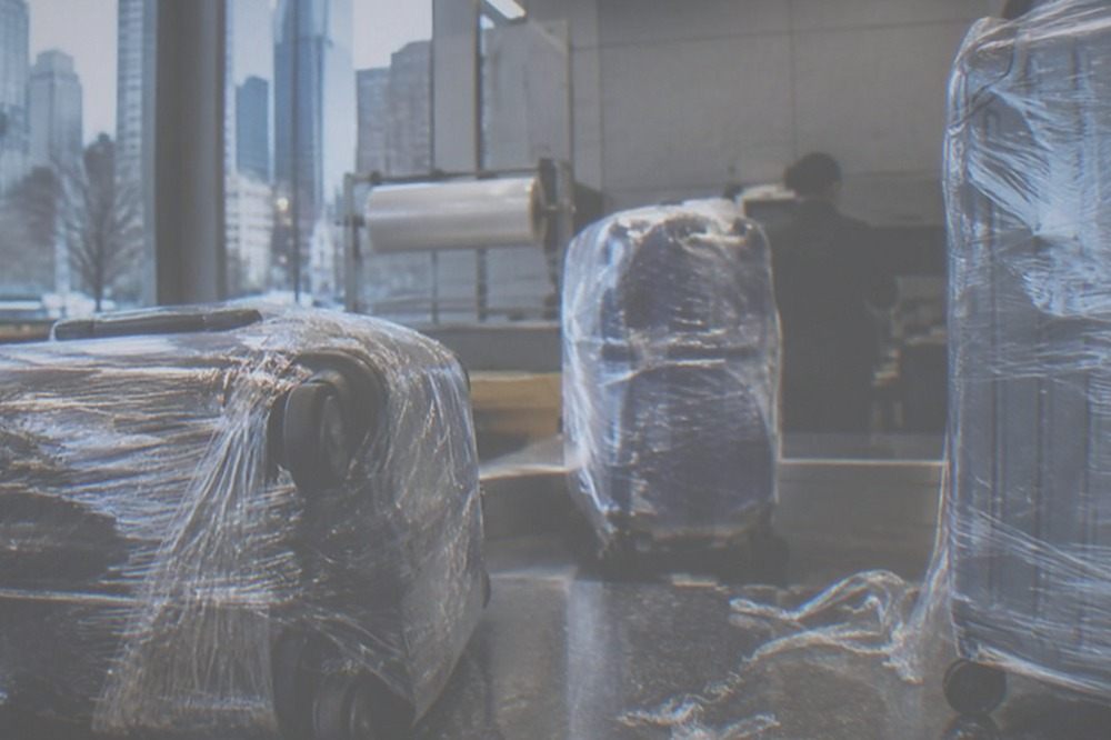 An airport storage counter with wrapped suitcases and a staff member behind the desk