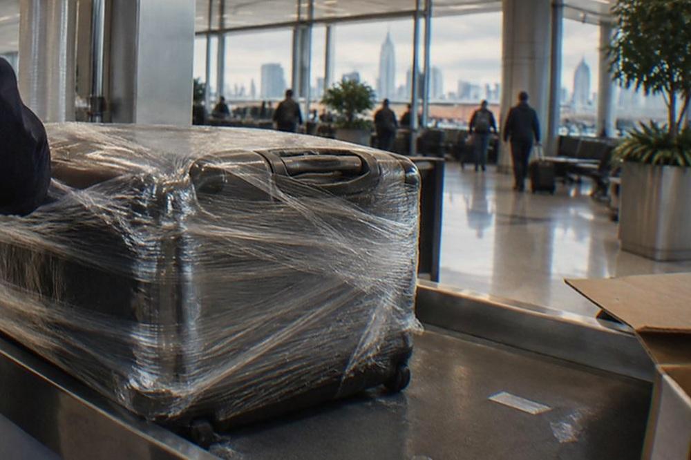 Travelers at JFK Airport with luggage near check-in counters